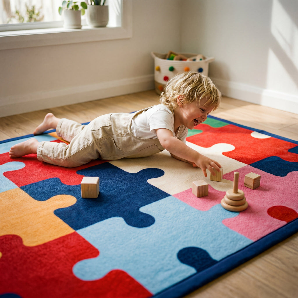 Child playing with wooden toys on a colorful puzzle mat in a bright room.
