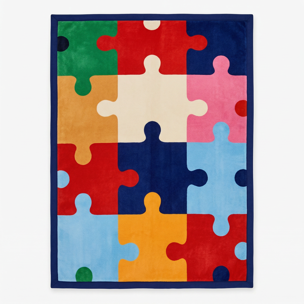 Colorful puzzle piece rug with multicolored pieces on a white background