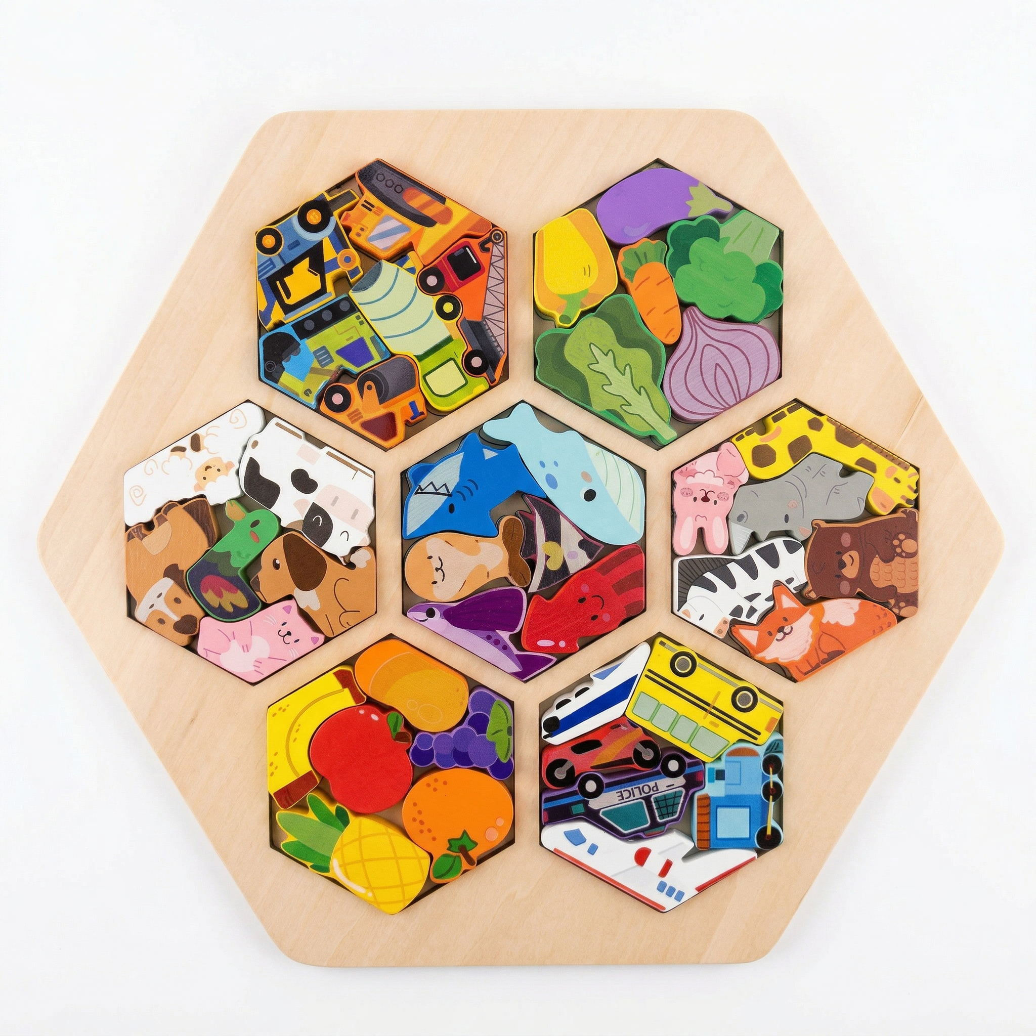 Hexagonal wooden puzzle with colorful animal and fruit shapes on a white background