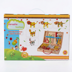 Educational toy toolbox with colorful packaging featuring animals and a child.