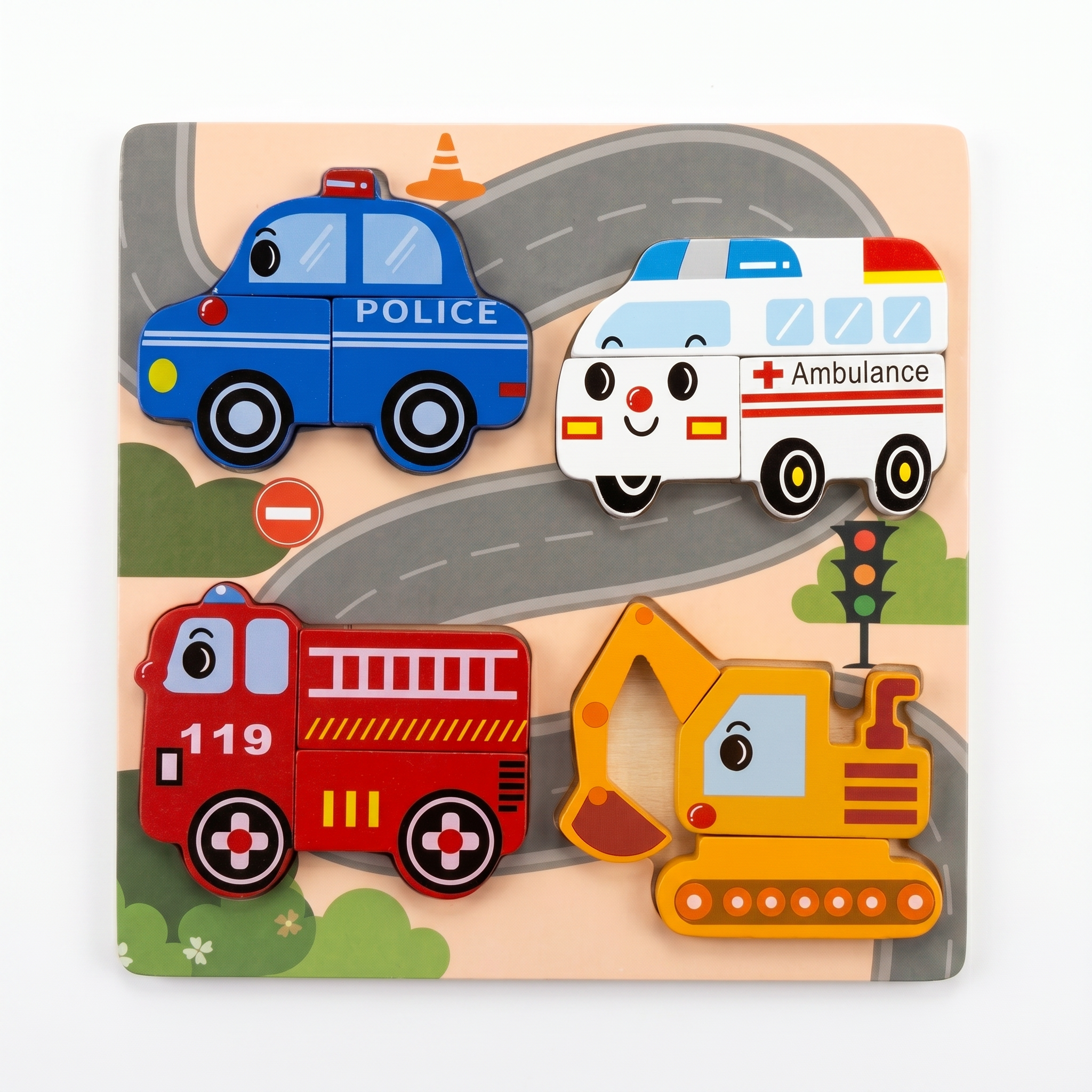 Wooden 4-Piece Emergency Vehicles Puzzle Board